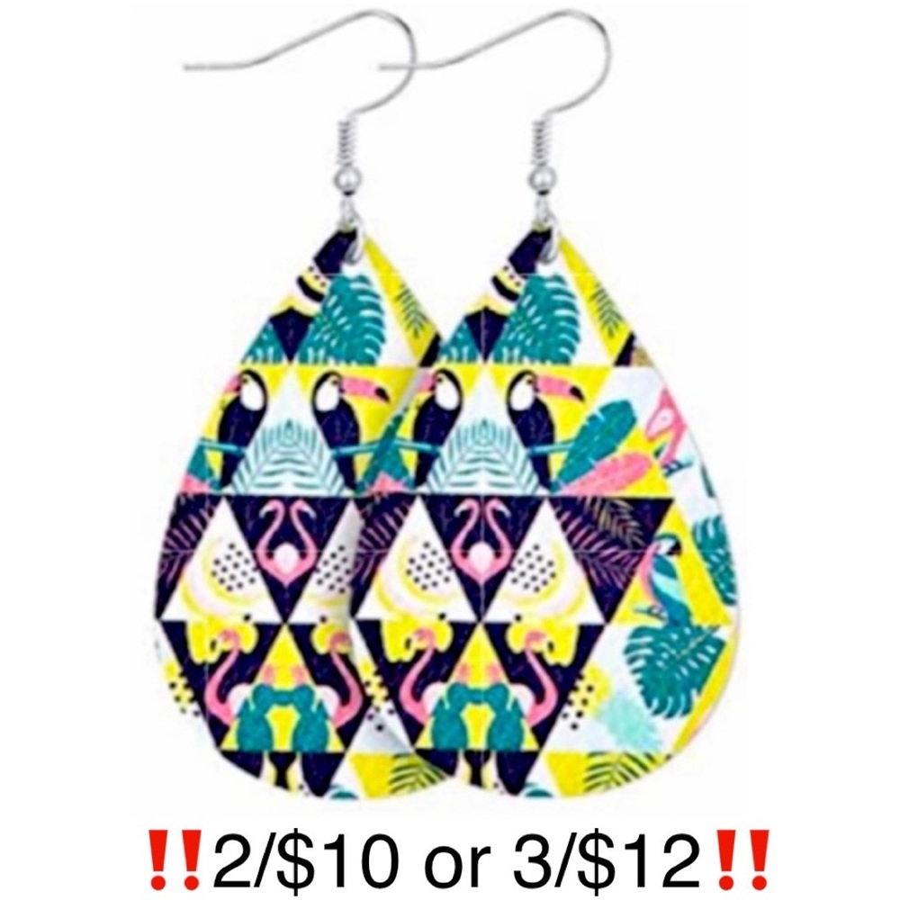 Tropical Bird Flamingo / Toucan / Parrot Print Faux Leather Earrings